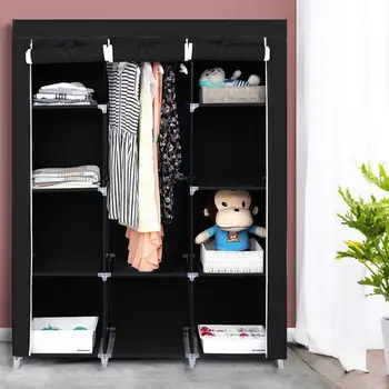 

67" Portable Clothes Closet Non-Woven Fabric Wardrobe Foldable Assembly 4 Layer 10 Grid Double Rod Storage Organizer Black