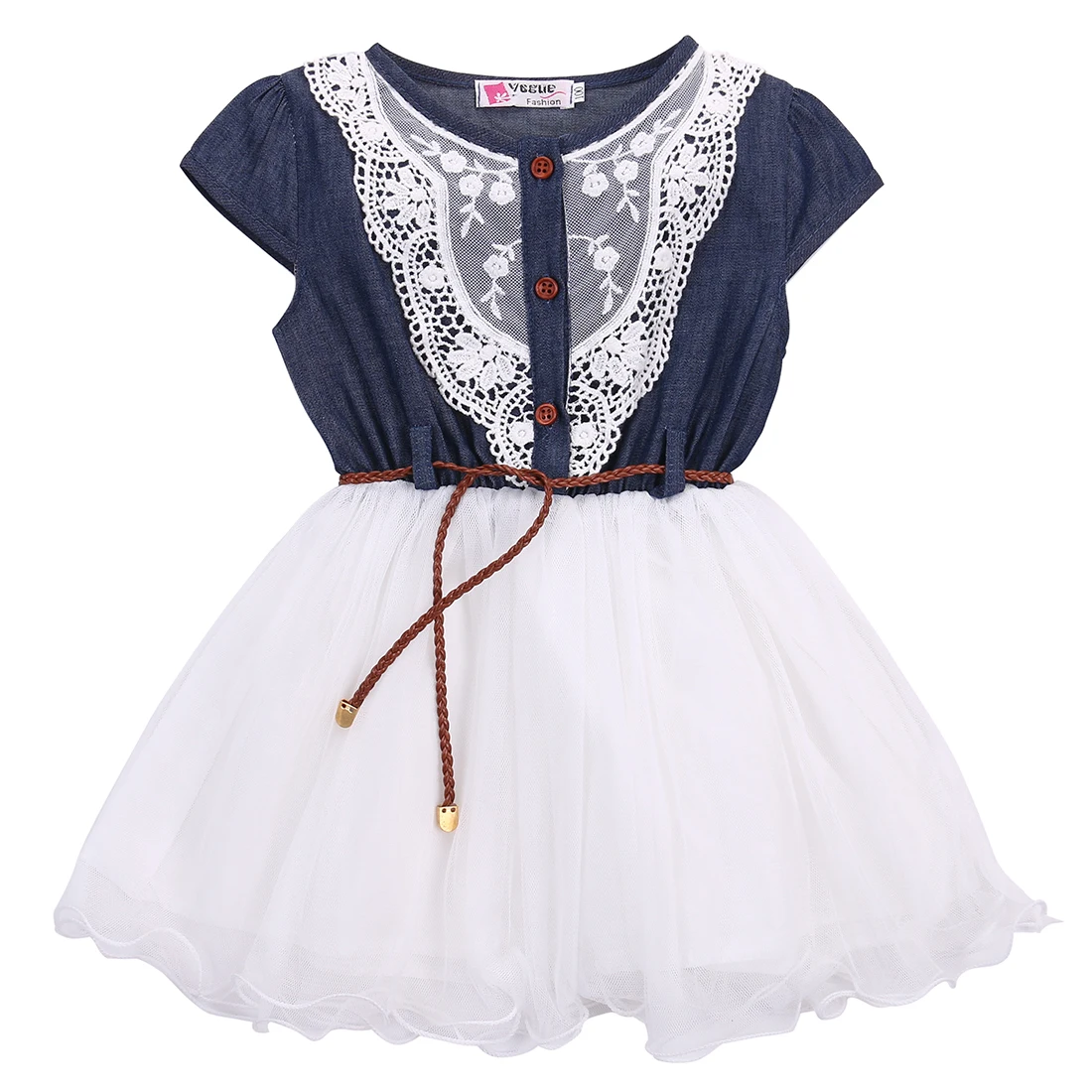 

Summer 2017 Children Princess Baby Girls Party Lace Flower Tulle Denim Patchwork Dress Casual Dresses