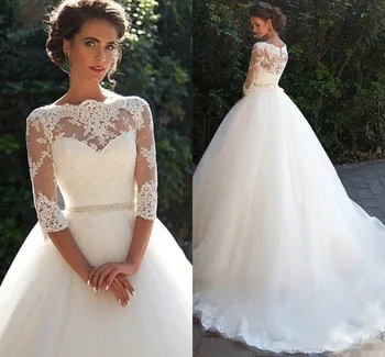 

Vestido De Noiva 2019 Country Vintage Lace Wedding Dresses Half Sleeves Pearls Tulle Princess A Line Cheap Bridal Gowns