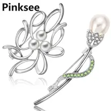 Flower Tulips Brooches Imitation Pearl Lapel Pins for Women Corsage Retro Brooch pin For Scarf Badges Pinback Accessories crystal sunflower brooches lapel pins for women corsage scarf dress decoration
