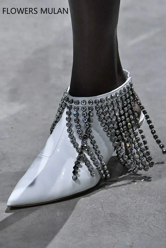 

Hottest Spring 2018 Wedding Shoes Runway Crystal Embellished Fringe High Heels Summer Women Sandals Cut Out Pointed Toe Pumps