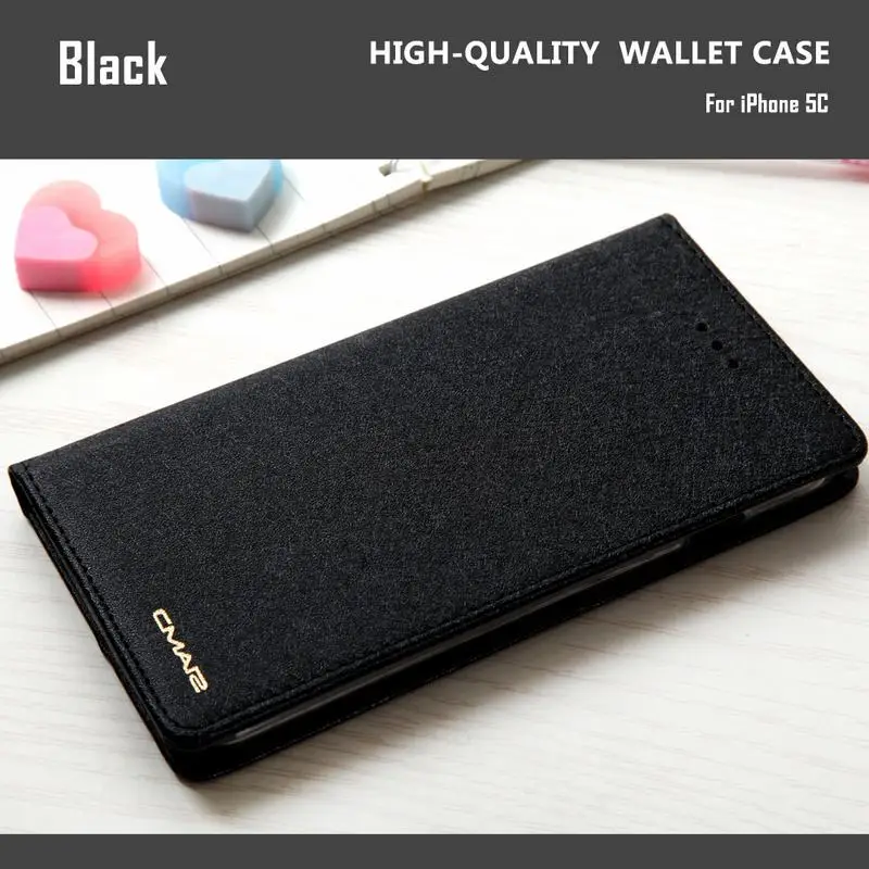 Для Apple iPhone 5C чехол роскошный Шелковый кожаный бумажник и силиконовый чехол для iPhone 5C Чехол для телефона с держатель для карт Coque - Цвет: Черный