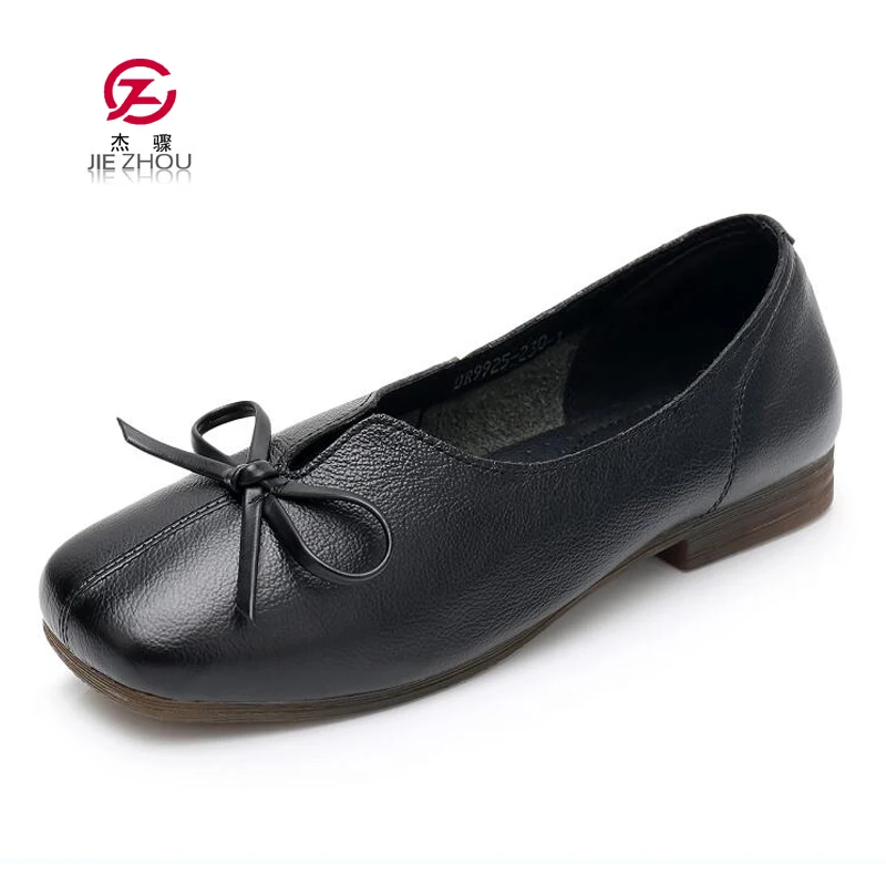 

New Arrival Genuine Leather Flat Women Ballet Flats Shoes Woman Plus Size 41 Black Square Toe Bowtie Shoes Shallow Lady Shoes