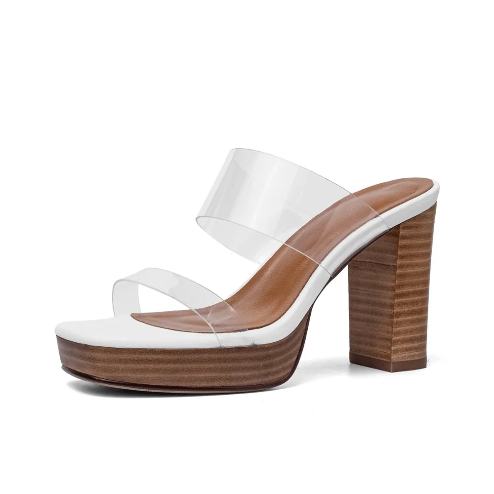 

THEMOST Summer New PVC Fashion Slippers Sandals Open Toe Square heel Women Transparent Perspex Slipper High Heel Shoes
