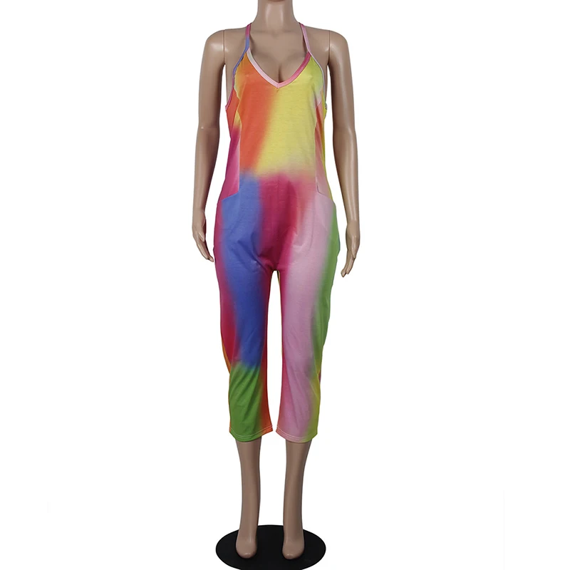 Gradient Color Jumpsuits Women Rompers Summer Rainbow Print V-Neck Spaghetti Strap Overalls With Pockets Bodysuits Plus Size 3XL Jumpsuits and Playsuits
