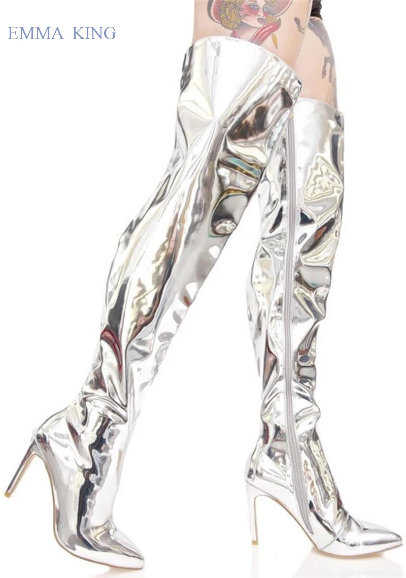 De Haute Genou Bottes Pointu or En Sur Femmes Cuir argent Glissière Latérale Noir Botas Aiguilles Le Hauts Mujer Bout Cuisse Talons Mode Miroir 6gvY7fyb