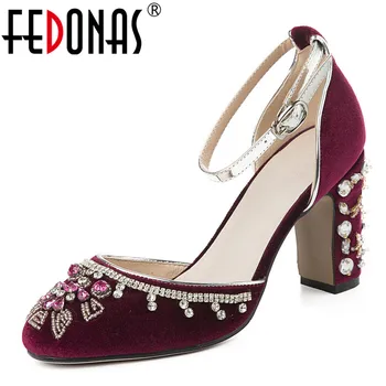 

FEDONAS Classic Design Women Fashion String Bead Crystal Decoration Sandals Elegant Flock Buckle Shoes High Heels Shoes Woman