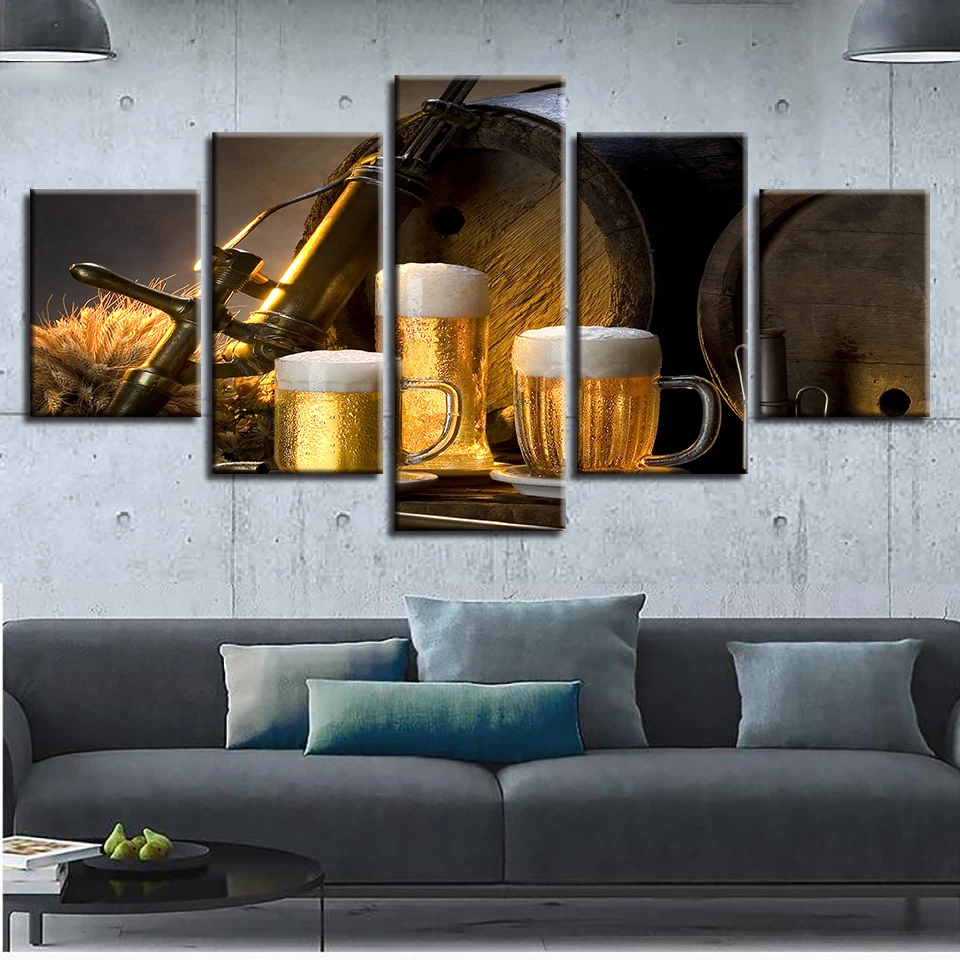 Canvas HD Prints Poster Restaurant Bar Wall Art 5 Pieces Beer Mug Glass