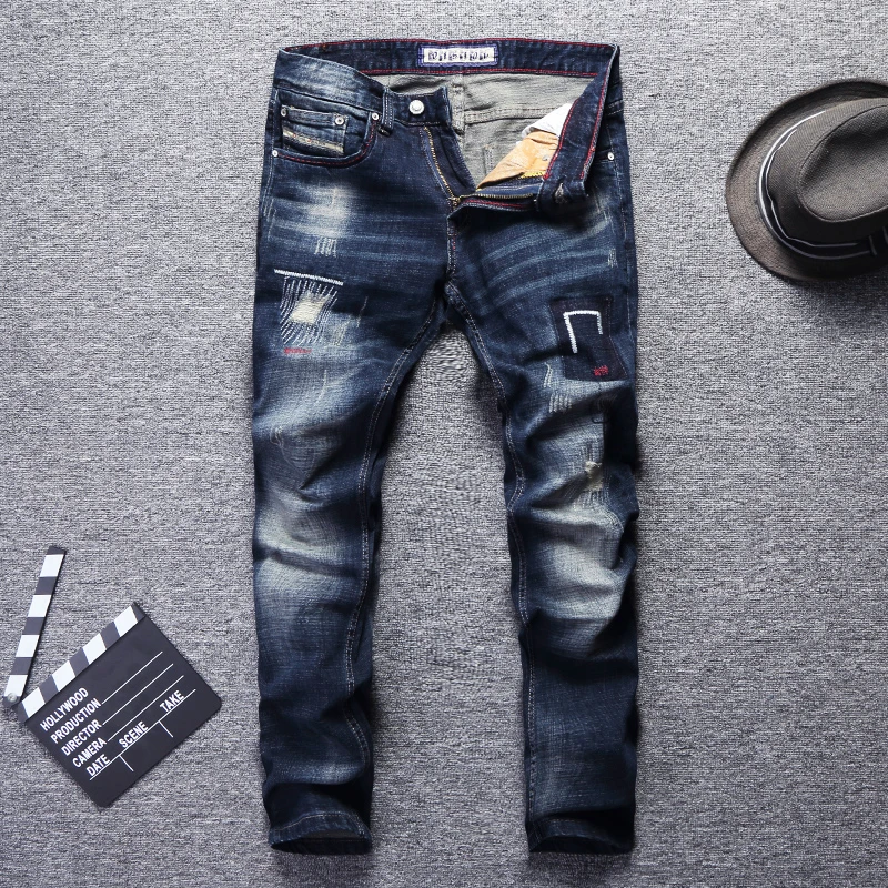 

Fashion Streetwear Men Jeans Dark Blue Slim Fit Embroidery Designer Ripped Jeans Men Denim Pants Patchwork Hip Hop Jeans Homme