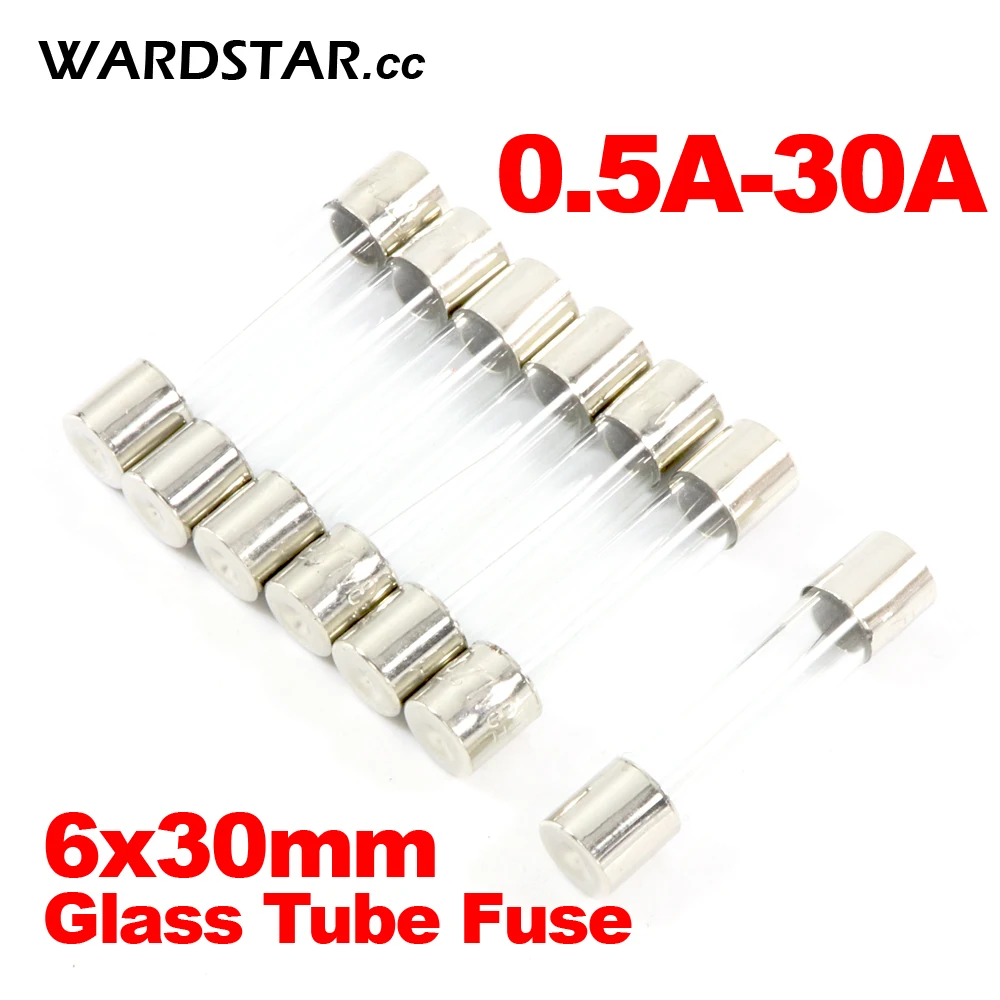 10pcs Glass Tube Fuse 6x30mm 0.5a 1a 2a 3a 4a 5a 6a 7a 8a 10a 15a 20a