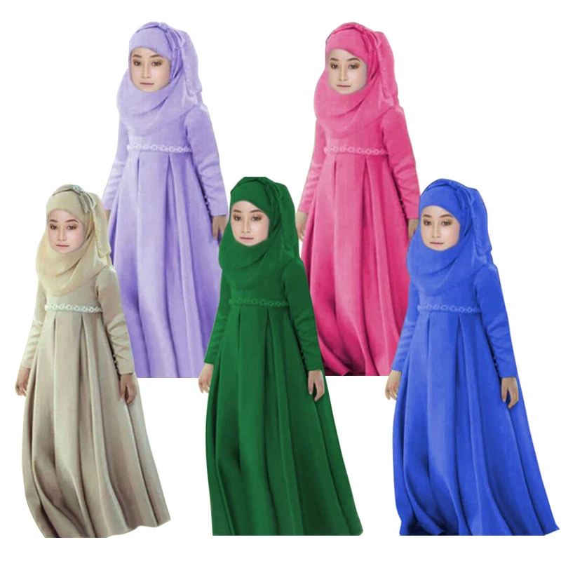

2017 Girls Muslim Islamic Nation Dress Long Dress+Kerchief+Bowknot 3 Pieces Solid Muslim Kids Children Clothing 5 Colors Costume