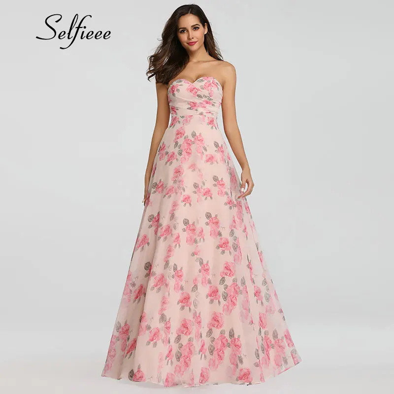 

Pink Women Beach Dress Causal A Line Strapless Dress Sexy Backless Long Summer Dress Elegant Foral Print Party Gowns Robe Femme
