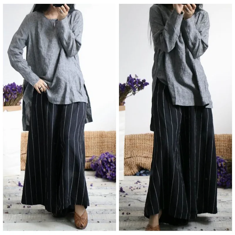 

ASYMSAY Autumn Casual Style Loose Big Size Thick Cotton Linen Wide Leg Pants Women Stripe Printing High Waist Trousers AC5784