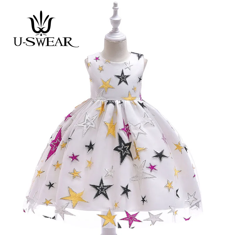 U-SWEAR 2019 Новое поступление детские для девочек в цветочек платья без рукавов с круглым вырезом Star вышивка блестками шифоновое бальное