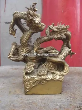 

China copper Brass Carved fengshui Two dragon convolute Statue