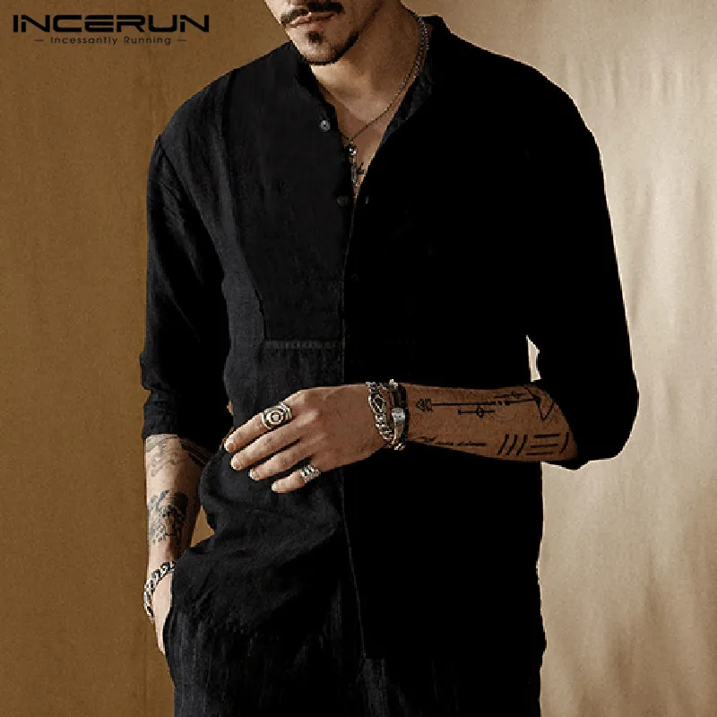 

INCERUN 2019 Cotton Shirt Men Button Streetwear 3/4 Sleeve Solid Color Stand Collar Men Brand Henley Shirts Vintage Breathable
