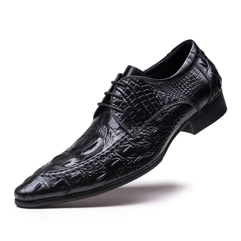 Fashion Crocodile Grain Black/Wine Red Summer Flats Mens Loafers Lace-Up Wedding Genuine Leather Dress Mens Casual Shoes