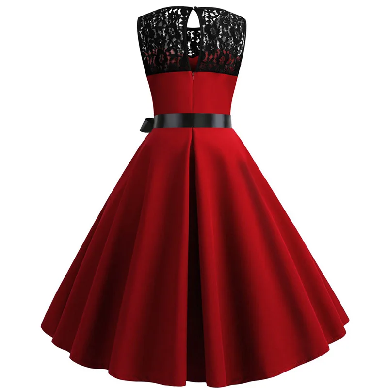 Red Elegant Party Dress Women Summer Lace Vintage Dress Vestidos 50s 60s Rockabilly Swing Dress Casual Plus Size Midi Dresses