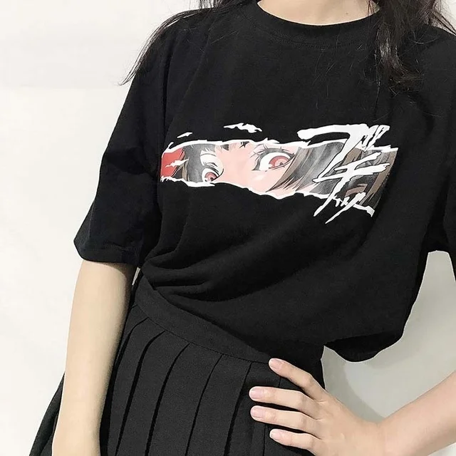 HAHAYULE корейская мода Ulzzang аниме лицо черная футболка Harajuku стиль негабаритных тройник готическая одежда в стиле гранж