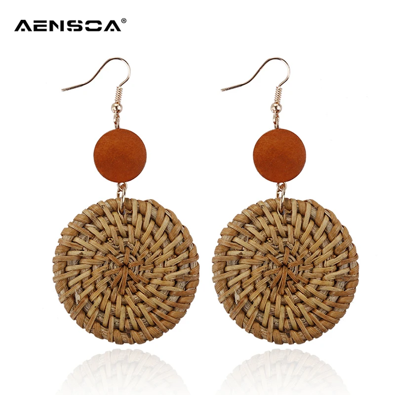 

AENSOA New Korea Geometric Round Long Drop Earrings for Women Wooden Bamboo Straw Weave Rattan Knit Vine Beach Earrings Jewelry