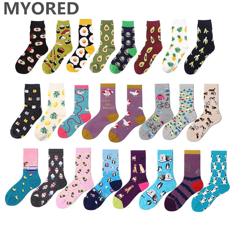 

MYORED 12pairs/Lot Cotton Women Crew Socks Cartoon animal food harajuku pattern short socks for girls lady casual dress gift sox
