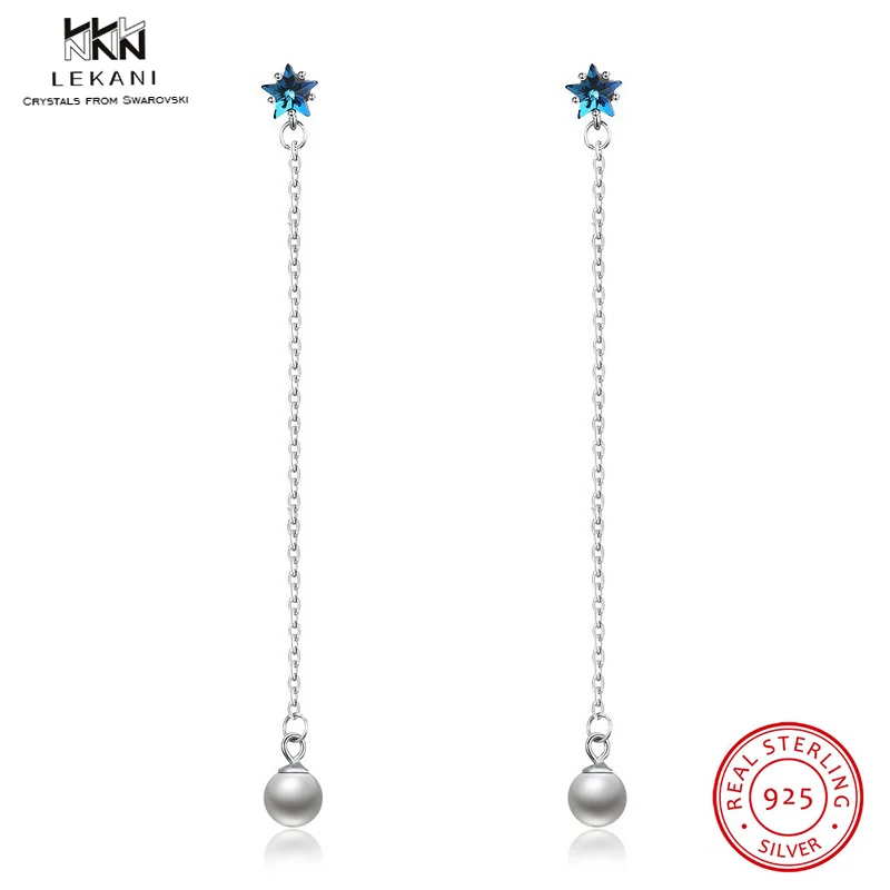 

LEKANI Crystals From Swarovski Drop Earring 925 Long Pearl Sterling Silver Drop Earrings Girl simple jewelry Fashion Star