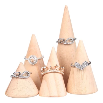 

4 Styles Natural Unpainted Wooden Ring Jewelry Display Rack Stand Cone Shape Holder Organizer