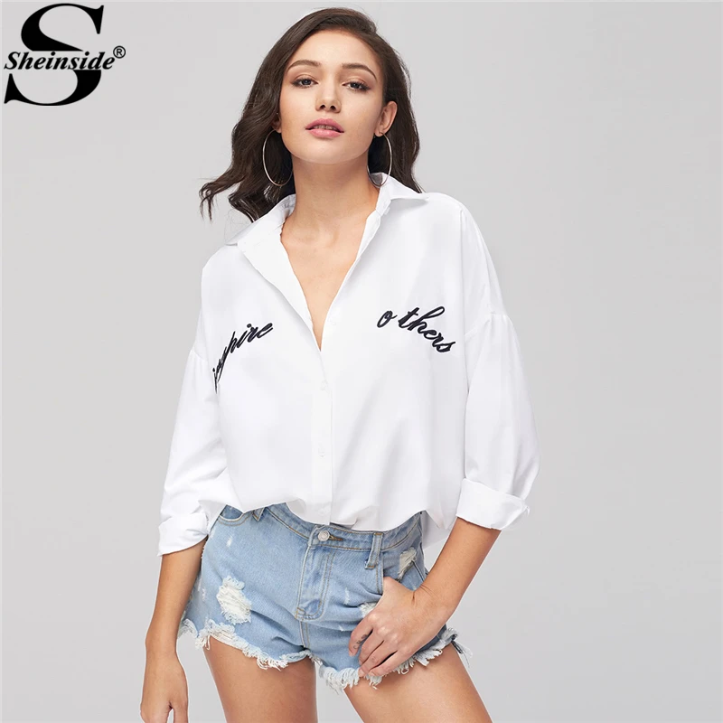 Comprar Sheinside 2018 primavera Blusa de manga larga con bordado de letras blancas cuello vuelto Camisa lisa con botón blusa Casual para mujer