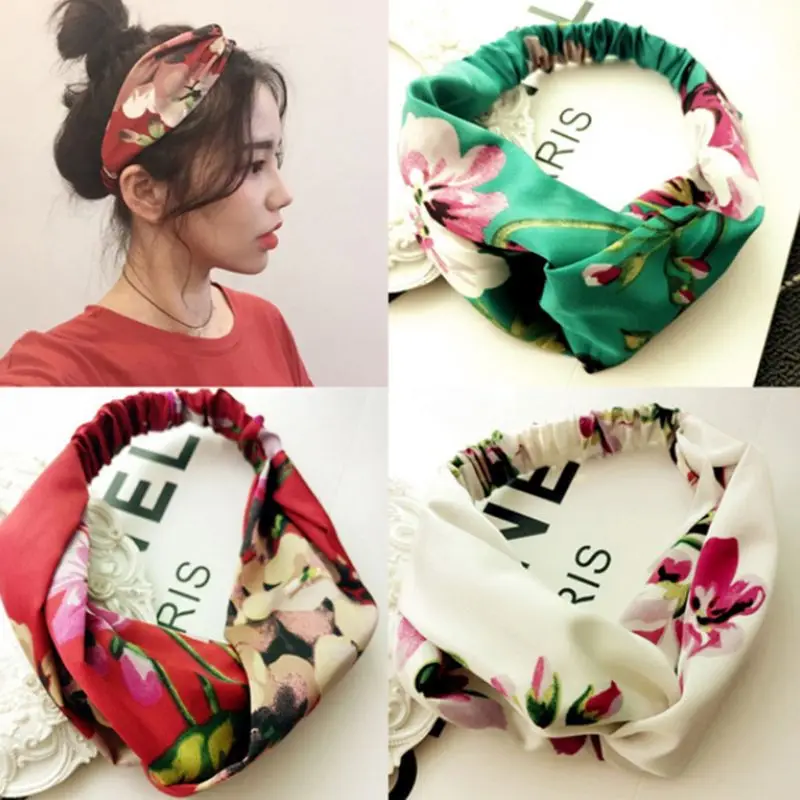 Корейский богемный женский летний ободок для волос винтажная цветная Цветочная головная повязка с принтом крест скрученный завязанный бандаж, Тюрбан повязка на голову
