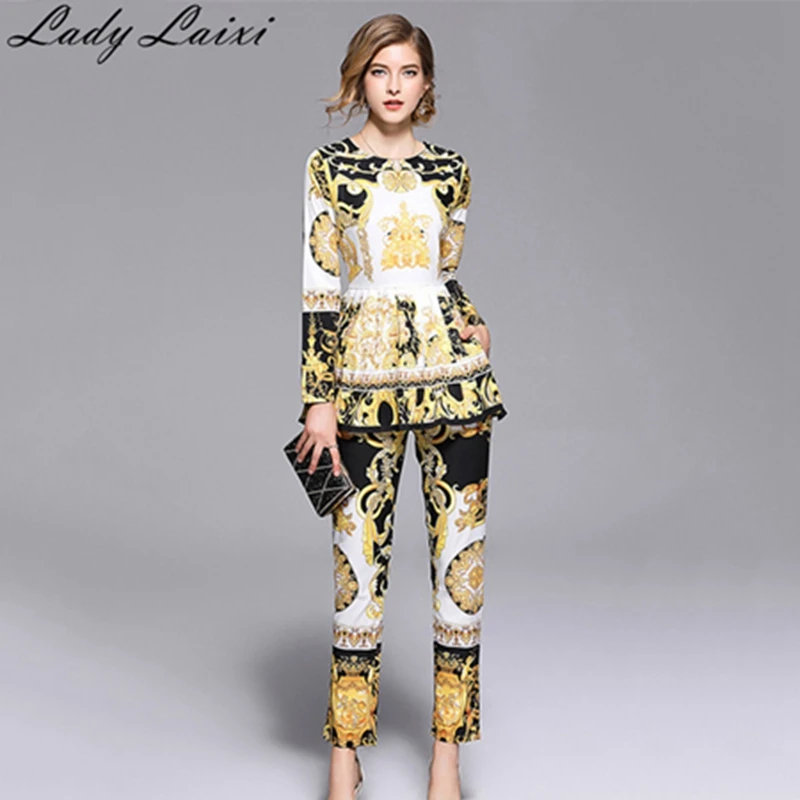 

2019 Spring High quality Fashion Runway Designer Suit Set Women's Long Sleeve Retro Pattern Print Top + Pants Set 2 Piece Sets
