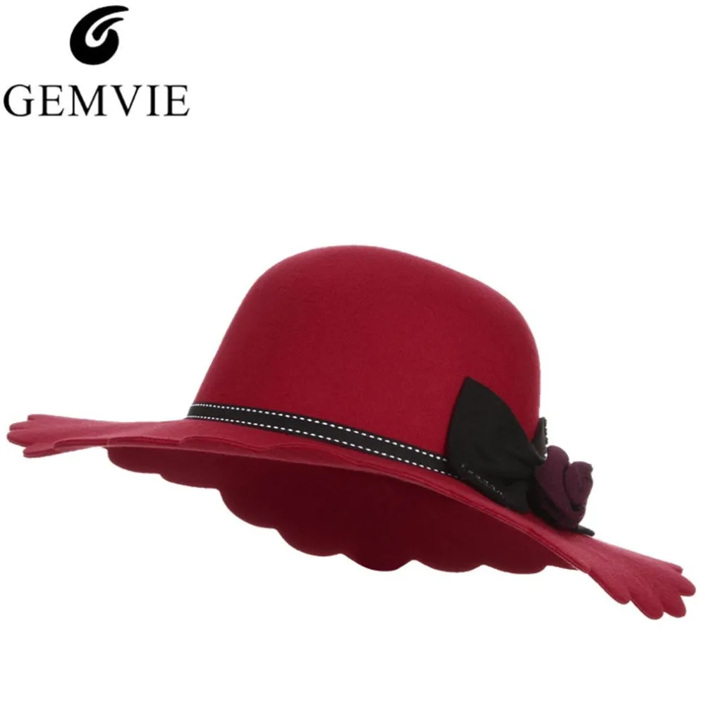 Fashion Vintage Wool Wide Brim Fedoras Hats for Women Bowknots Bowler
