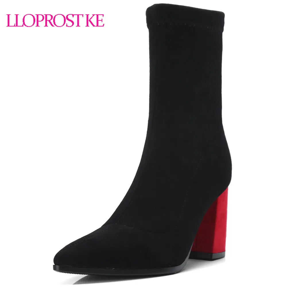 

Lloprost ke Women Boots Fashion Square High Heel Ankle Boots Pointed Toe Slip On Autumn Winter Platform Ladies Shoes Woman D386