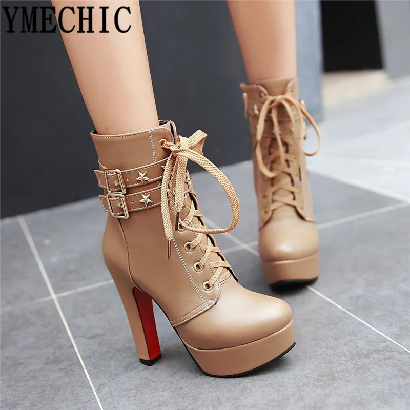 

YMECHIC Big Size High Heels Women Boots Lace Up Buckle Strap Rivet Ankle Military Combat Motorcycle Boots Female Platform Bootie
