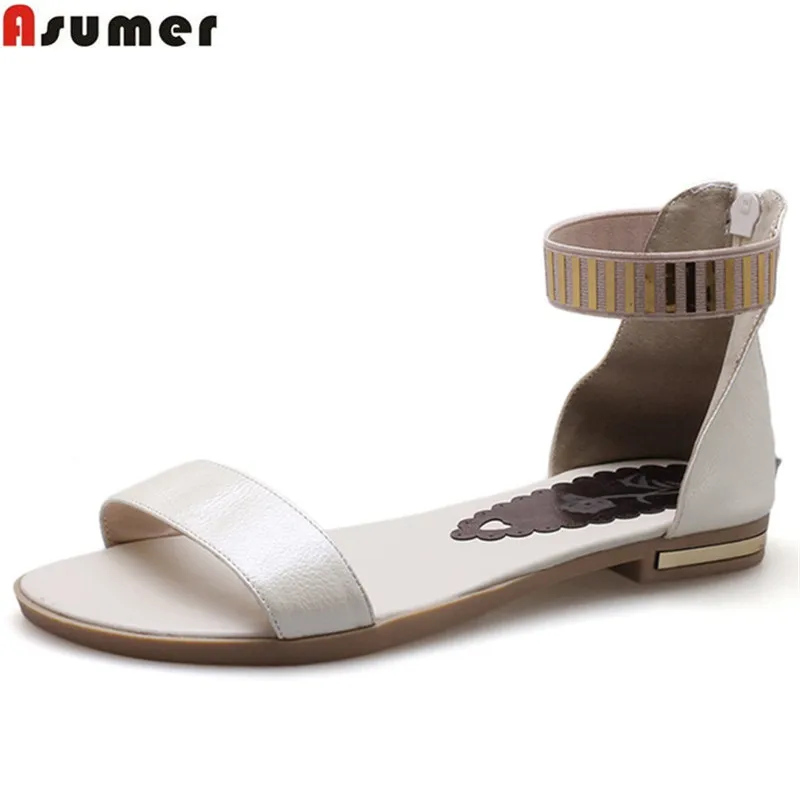 

ASUMER plus size 33-45 black beige fashion summer shoes woman zipper flat shoes casual comfortable sandals genuine leather shoes