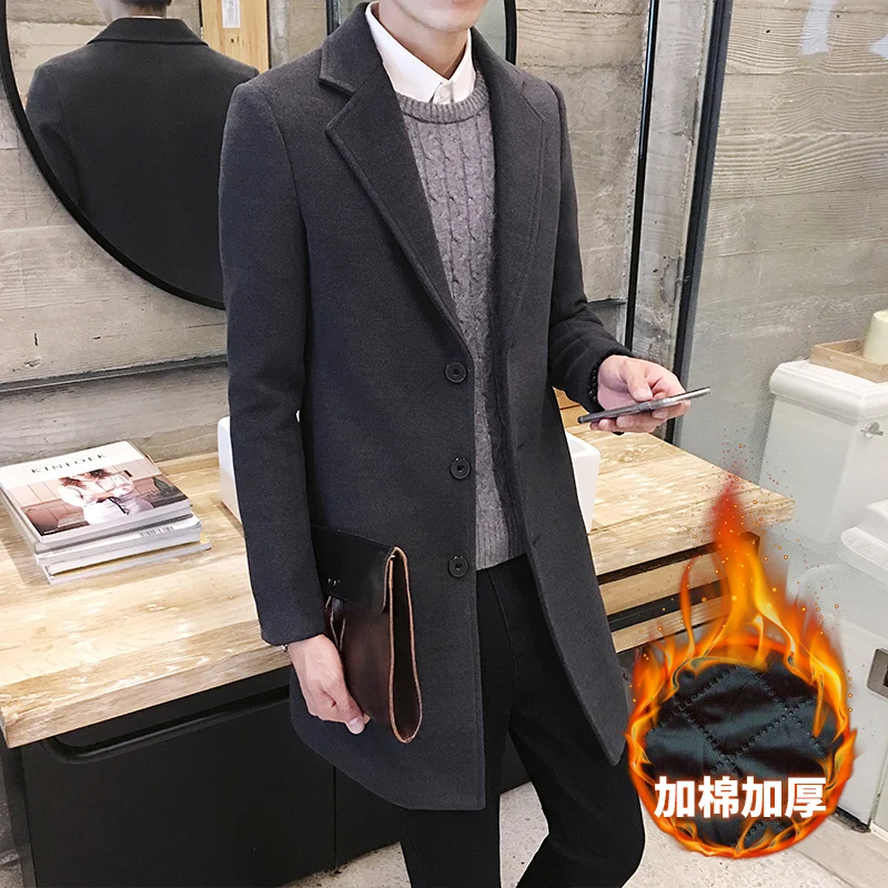  Winter Thick Warm Solid Color Woolen Casual Business Long Windbreaker Mens Jacket Male Coat / Bouti