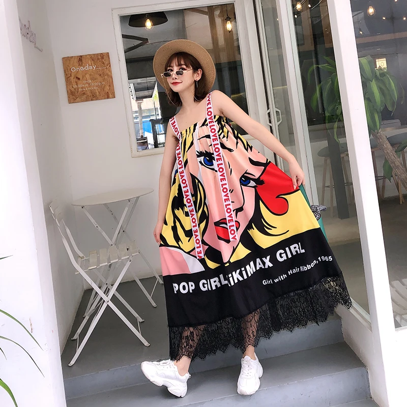 

7Mang 2019 Women Street Cartoon Girl Print Straight Off Shoulder Dress Loose Fashion Harajuku Lace Ruffle Long Dresses 0618