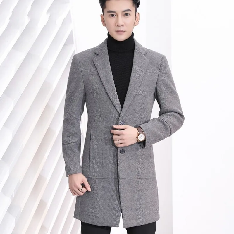 

Winter Men Office Work Woolen Blends Trench Slim Fit Knitwear Formal Long Coat Lapel Collar Male Overcoat 3XL Manteau Homme