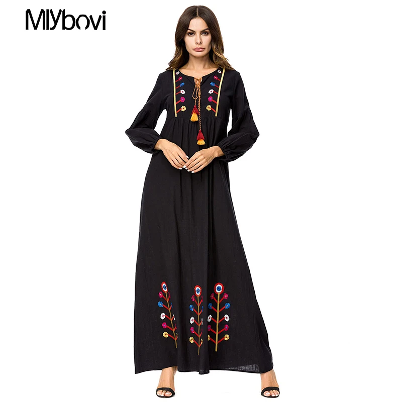 

Plus size M-4XL ladies Black Dress Embroidery Maxi Long Dress patchwork design Muslim dress Autumn 2018 women maxi dress Abaya