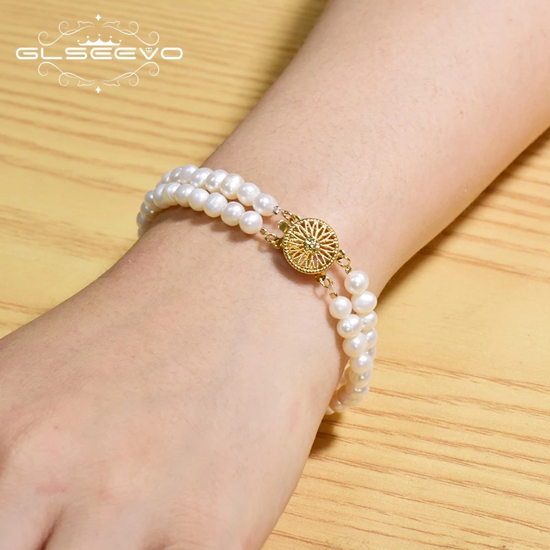 GLSEEVO Natural Fresh Water Pearl Bracelet Double Pearl Bracelet For Women Wedding Engagement Gift Handmade Fine Jewelry GB0169