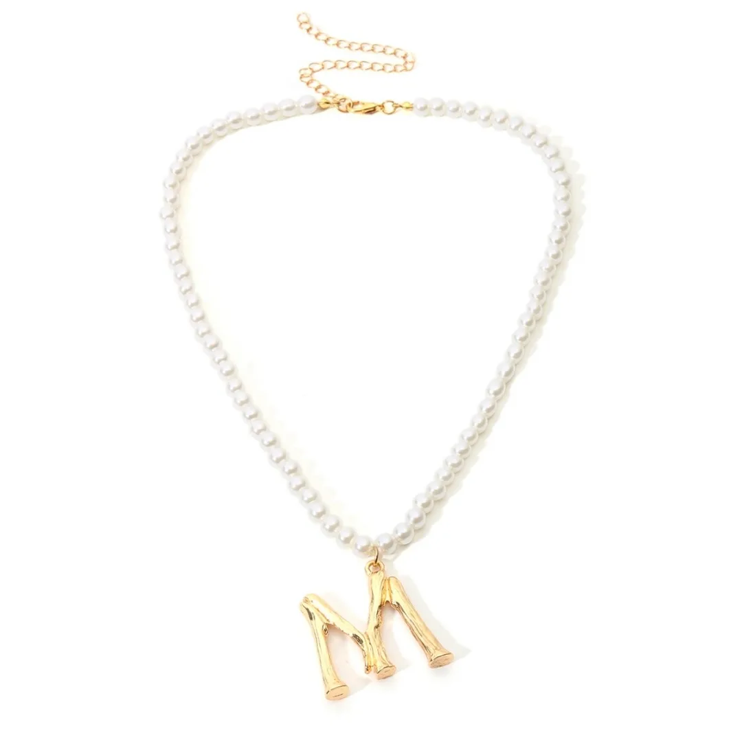 Simple Handmade Pearl Necklace with Letter M Pendant Korean Style Charms Alloy Gold Chain Luxury Wedding Jewelry For Women