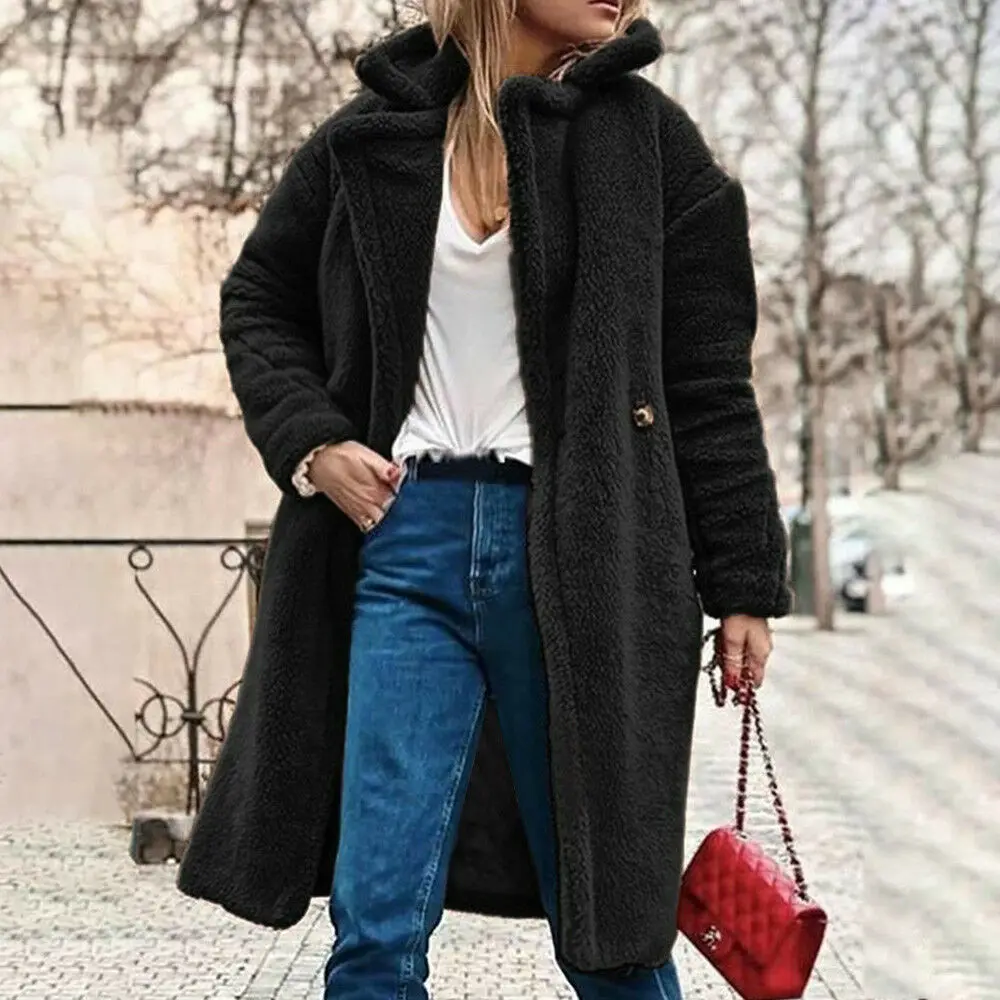 Ladies' Fleece Winter Coat New Sexy V-neck Soild Color Thick Wool Overcoat Female Fashionable Long Sleeves Warm Topcoat Hot Sale