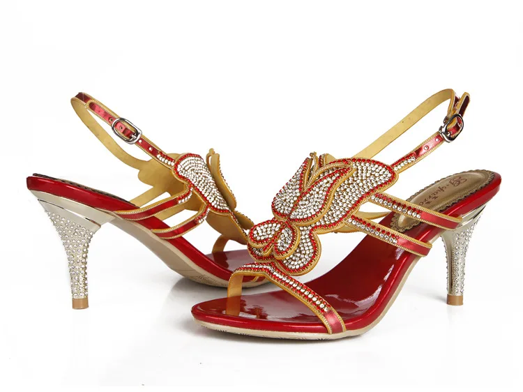 G-sparrow 2018 Womens Summer New High-heeled Sandals Stiletto Diamonds Crystal Sexy Elegant Fashion Red Wedding Shoes 8cm10