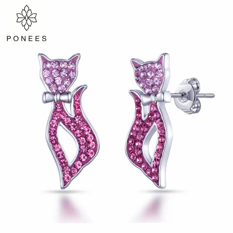 

PONEES Hot Sale Fashion Earrings/Lovely Rhinestone Cat Earrings Cute Cat With Pink Crystal Stud Earrings For Women Girls Gift