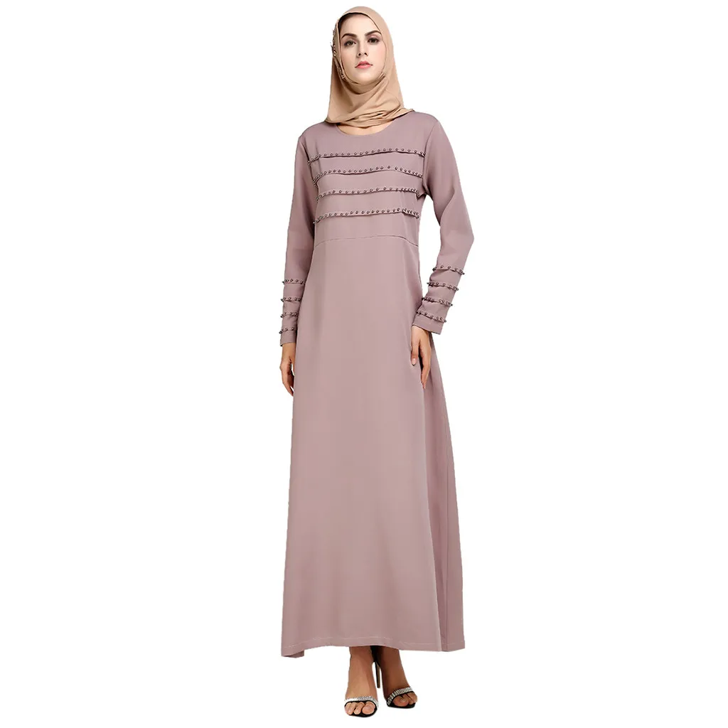 

CHAMSGEND Muslim Womens Dress Elegant Lady Temperament Robes Plus Size Solid Long Sleeve Splice Casual Summer Home Dresses L0411