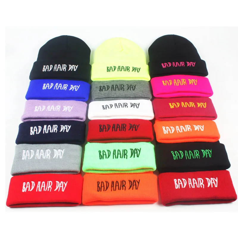 

2018 Fashion Unisex Letter Bad Hair Day Beanie Hats Bonnet for Men Woman Winter Wool Warm Casual Knitted Stretched Skullies