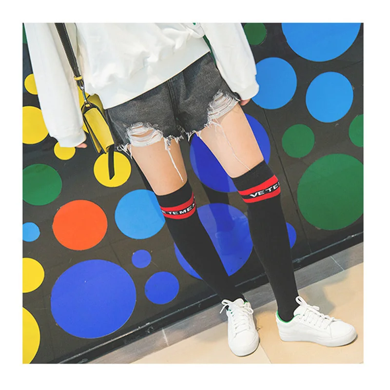2018 Fashion Women's Cotton Sexy Thigh High Over Knee Socks With Stripe&Words Japanese Style High Lady's Stockings