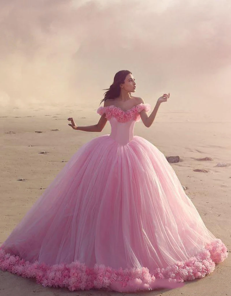 

real photo Pink 2016 Quinceanera Dresses with Hand Flowers Prom Party Ball Gowns dress Off the Shoulder Corset Back Sweet 16
