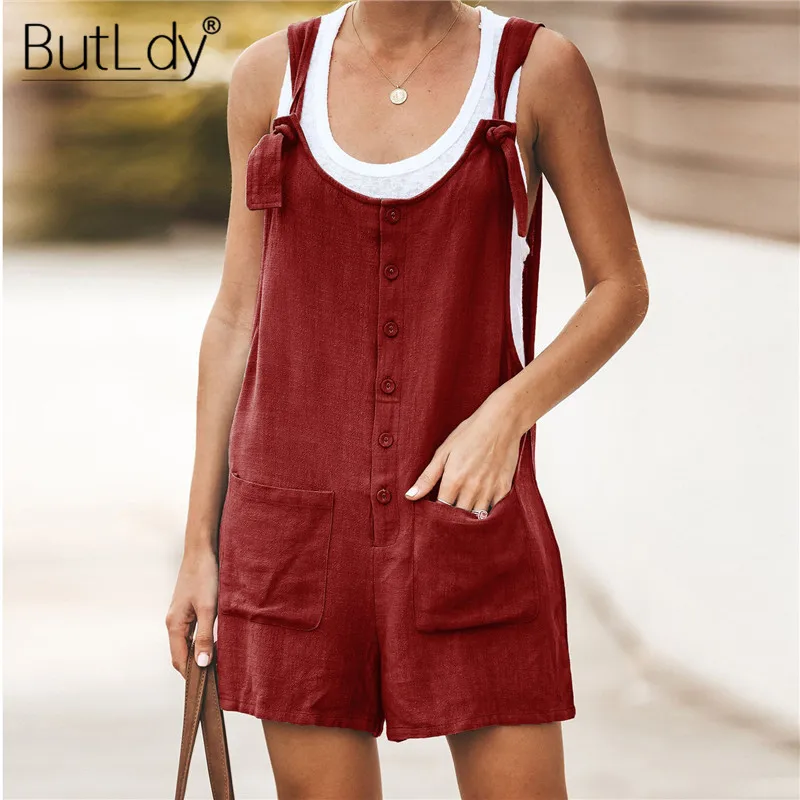 الأشرطة خزان Playsuit النساء زر جيب قصيرة بذلة الصيف رومبير 2019 عارية الذراعين عارضة فضفاض ارتداءها القطن الكتان وزرة