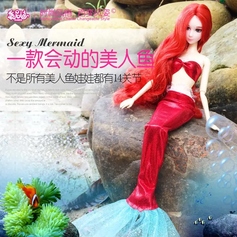 

Mermaid Doll with 14 joint & Long Red Curly Hair & Fish tail Suit Dress / Baby Toy Doll For Barbie Doll Girls Birthday Xmas Gift