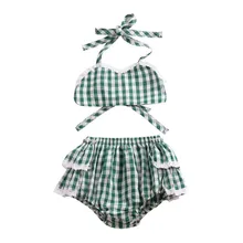 Летние Детские лямки для купальников, топы в клетку с принтом, трусы, детский купальный костюм для девочек, комплект бикини